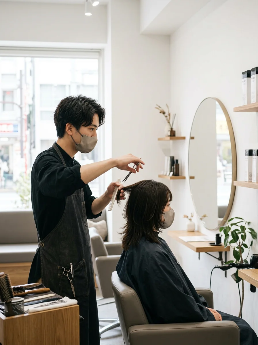 鏡の前でお客様の髪の長さを確認する男性スタイリスト